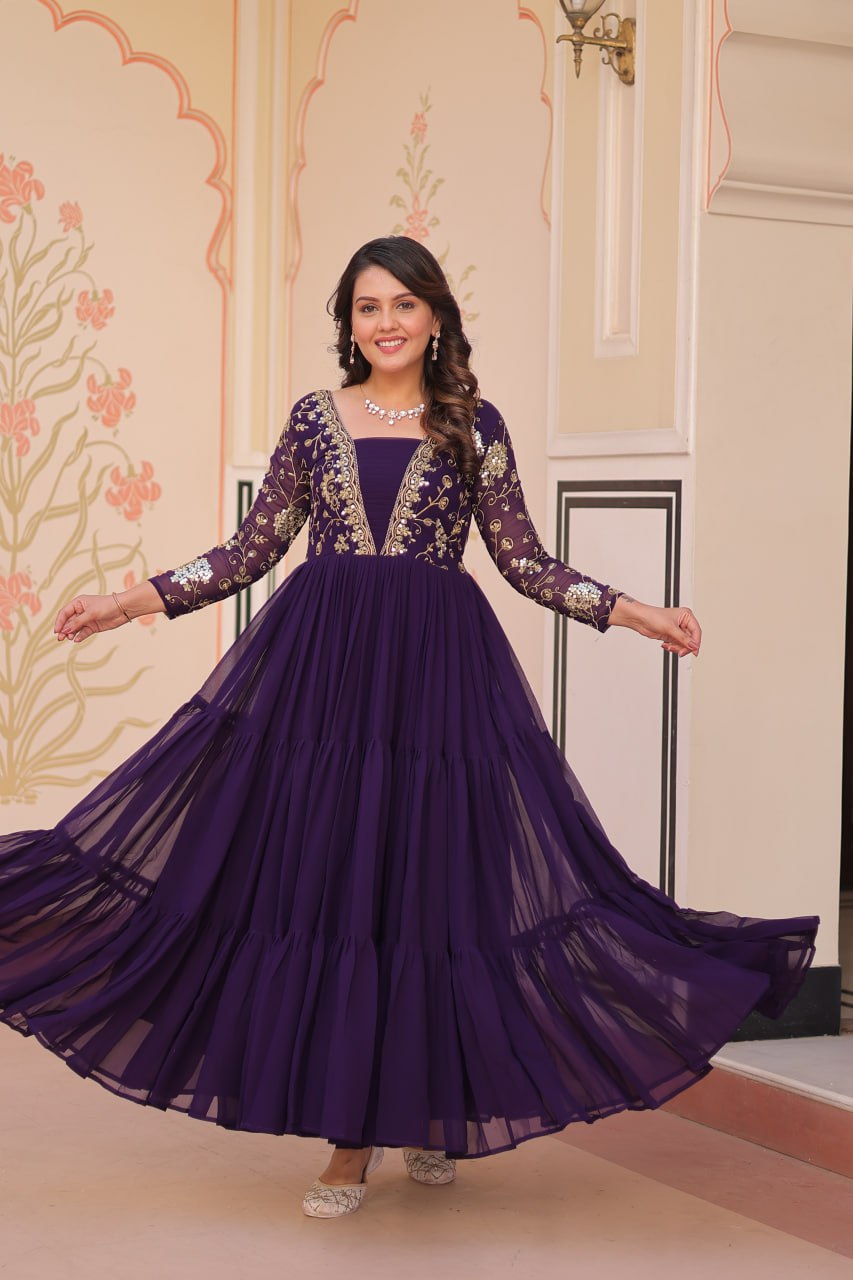 Designer Purple Gown in Faux Blooming with Sequins & Zari Embroidery – Full Flair & Fancy V Neck
