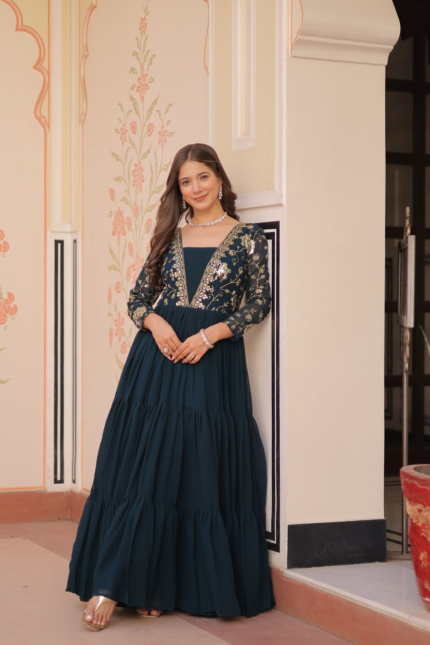 Designer Rama Gown in Faux Blooming with Sequins & Zari Embroidery – Full Flair & Fancy V Neck