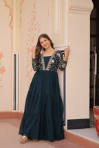Designer Rama Gown in Faux Blooming with Sequins & Zari Embroidery – Full Flair & Fancy V Neck