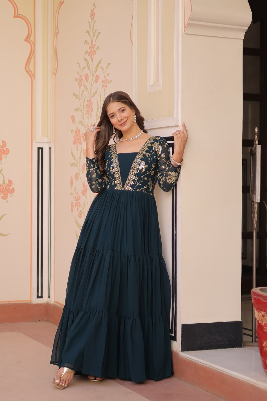 Designer Rama Gown in Faux Blooming with Sequins & Zari Embroidery – Full Flair & Fancy V Neck