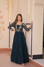 Designer Rama Gown in Faux Blooming with Sequins & Zari Embroidery – Full Flair & Fancy V Neck