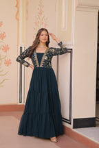 Designer Rama Gown in Faux Blooming with Sequins & Zari Embroidery – Full Flair & Fancy V Neck