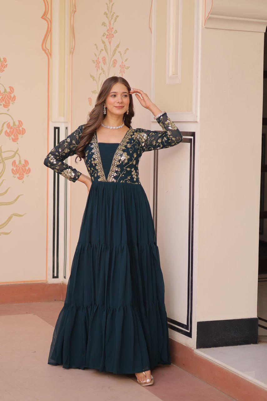 Designer Rama Gown in Faux Blooming with Sequins & Zari Embroidery – Full Flair & Fancy V Neck