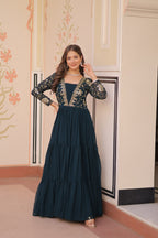 Designer Rama Gown in Faux Blooming with Sequins & Zari Embroidery – Full Flair & Fancy V Neck
