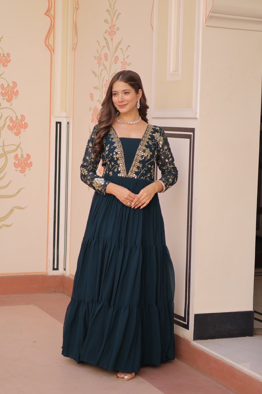Designer Rama Gown in Faux Blooming with Sequins & Zari Embroidery – Full Flair & Fancy V Neck