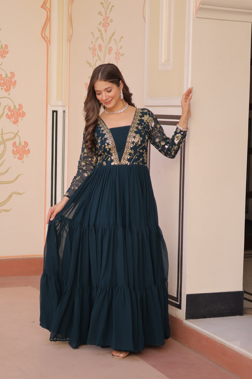 Designer Rama Gown in Faux Blooming with Sequins & Zari Embroidery – Full Flair & Fancy V Neck