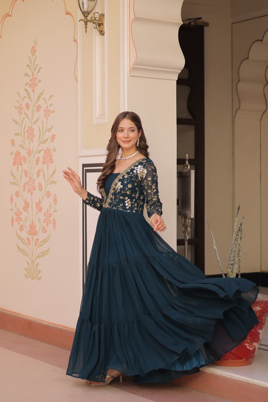 Designer Rama Gown in Faux Blooming with Sequins & Zari Embroidery – Full Flair & Fancy V Neck