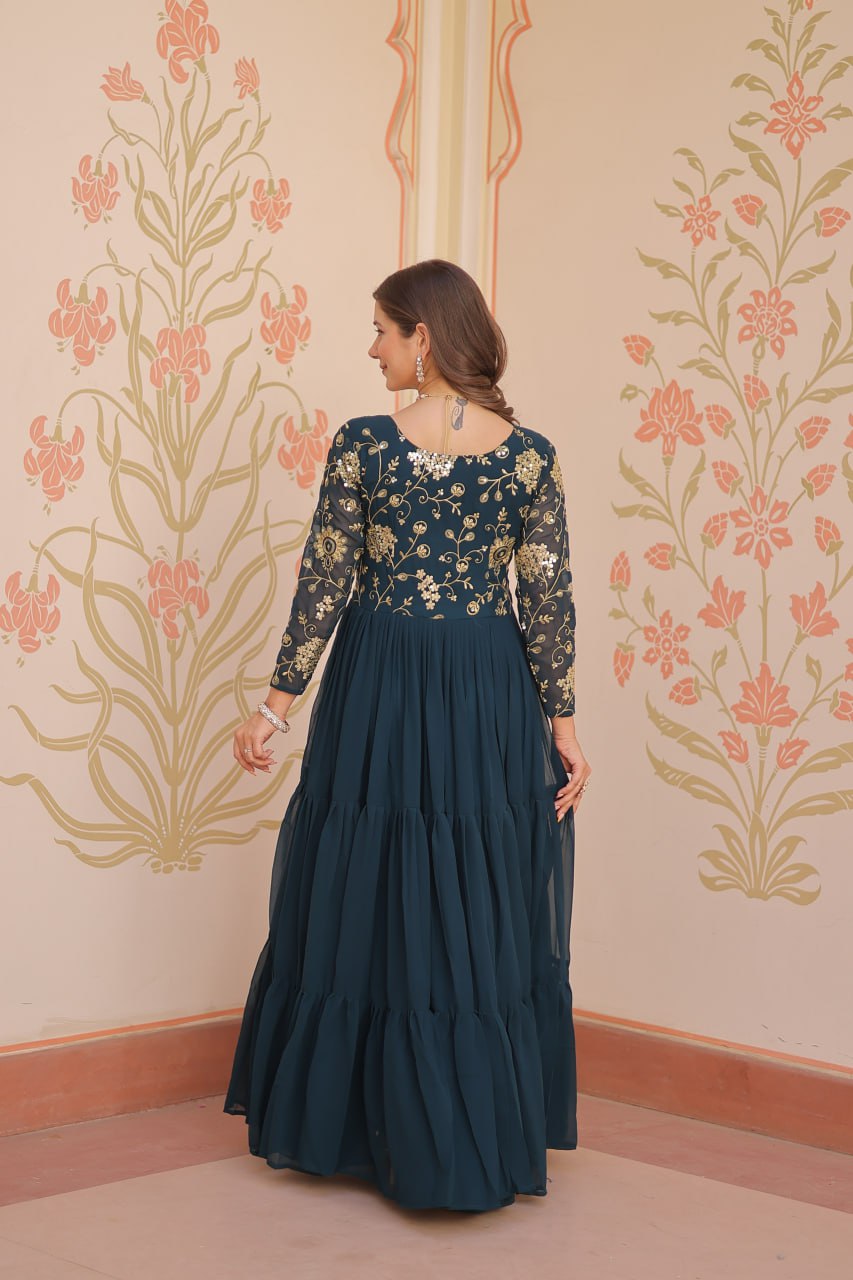 Designer Rama Gown in Faux Blooming with Sequins & Zari Embroidery – Full Flair & Fancy V Neck