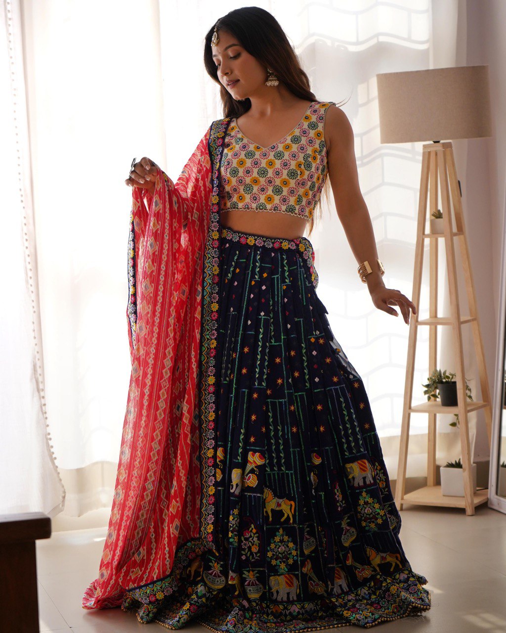 Women’s Multicolor Georgette Lehenga Choli – Vibrant Embroidered Ethnic Wear for Weddings & Festive Occasions Semi-Stitched