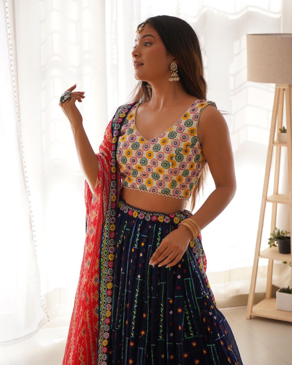 Women’s Multicolor Georgette Lehenga Choli – Vibrant Embroidered Ethnic Wear for Weddings & Festive Occasions Semi-Stitched