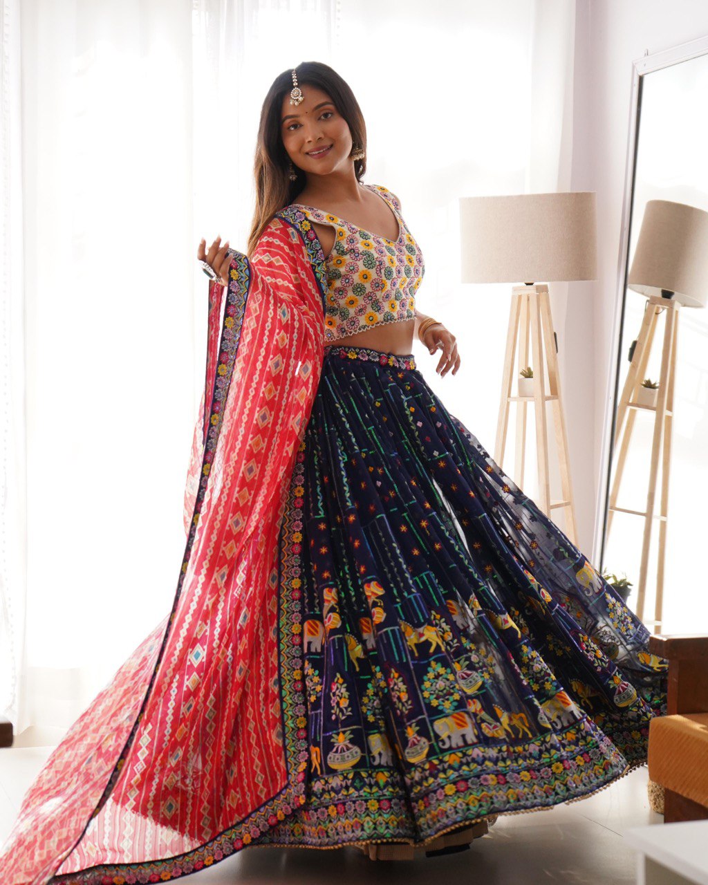 Women’s Multicolor Georgette Lehenga Choli – Vibrant Embroidered Ethnic Wear for Weddings & Festive Occasions Semi-Stitched