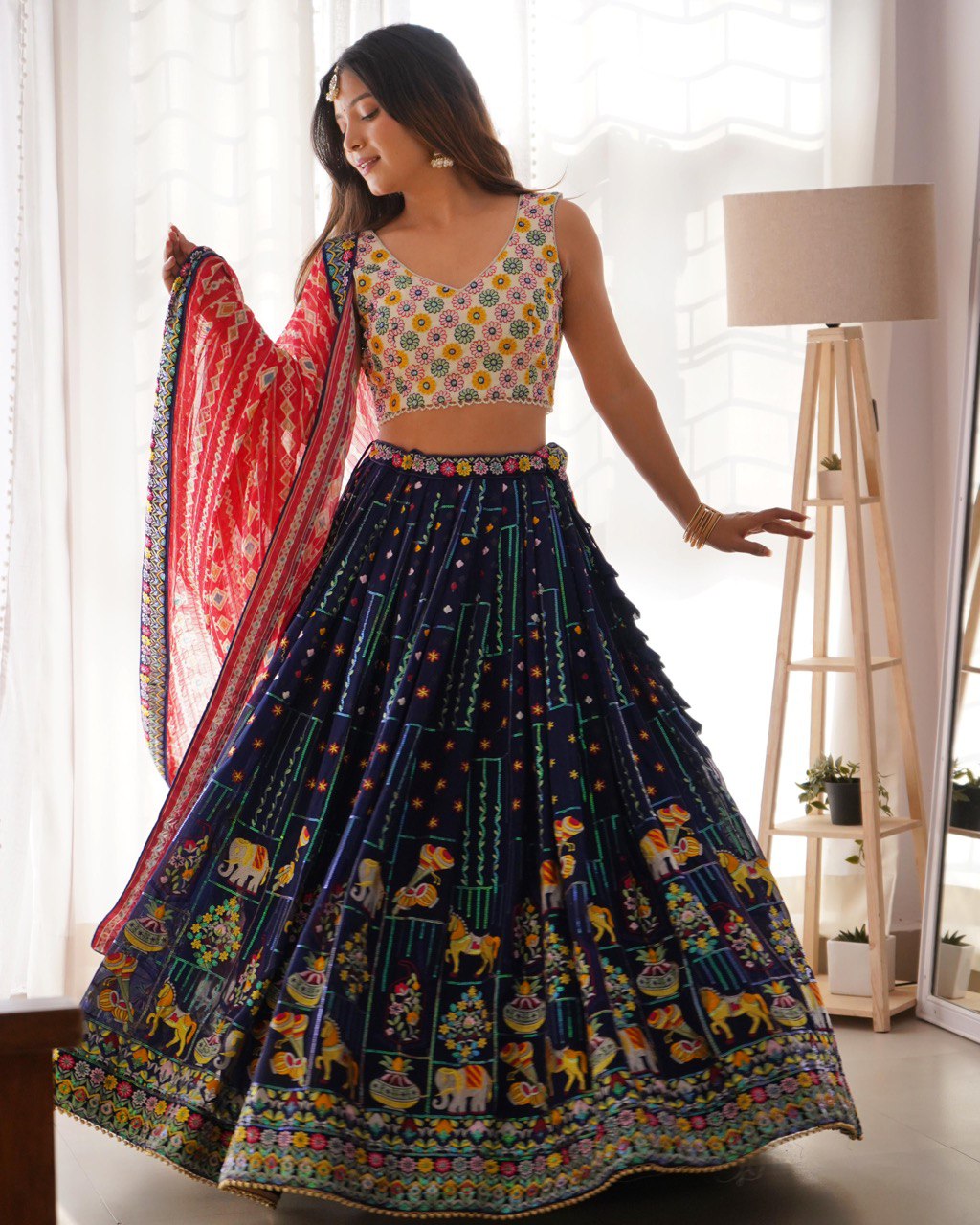 Women’s Multicolor Georgette Lehenga Choli – Vibrant Embroidered Ethnic Wear for Weddings & Festive Occasions Semi-Stitched