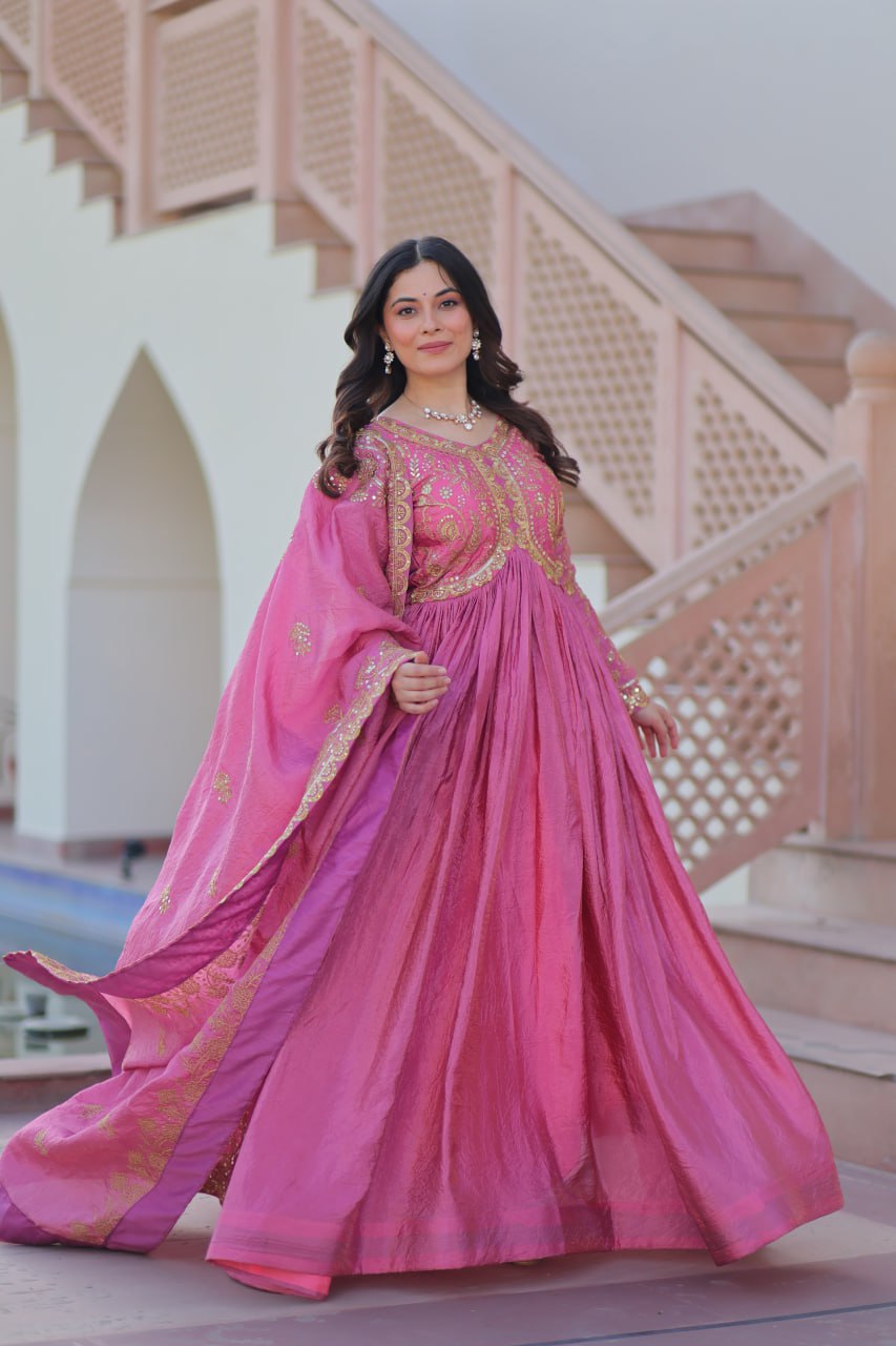 Fully-Stitched Gold-Crush Baby Pink Gown with Sequins & Multi Embroidery Work and Matching Dupatta