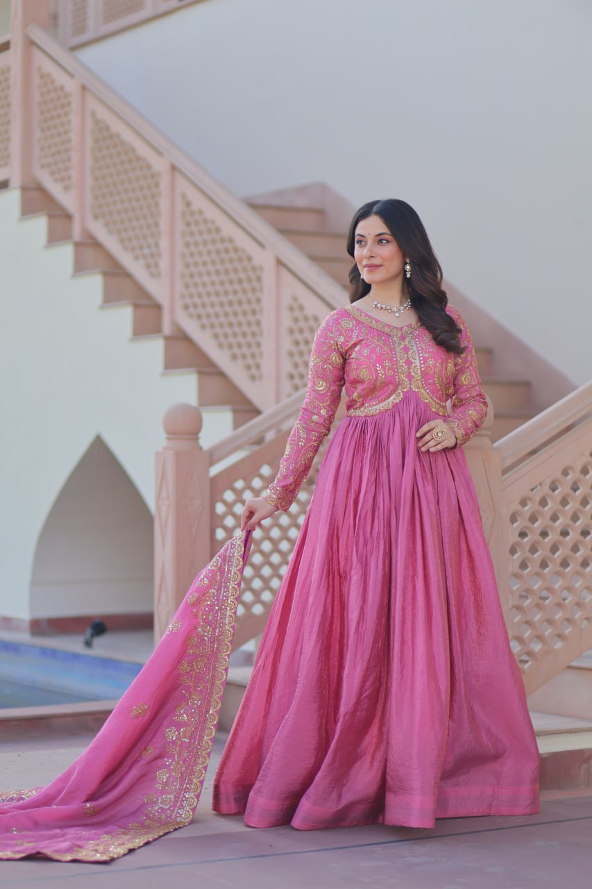 Fully-Stitched Gold-Crush Baby Pink Gown with Sequins & Multi Embroidery Work and Matching Dupatta