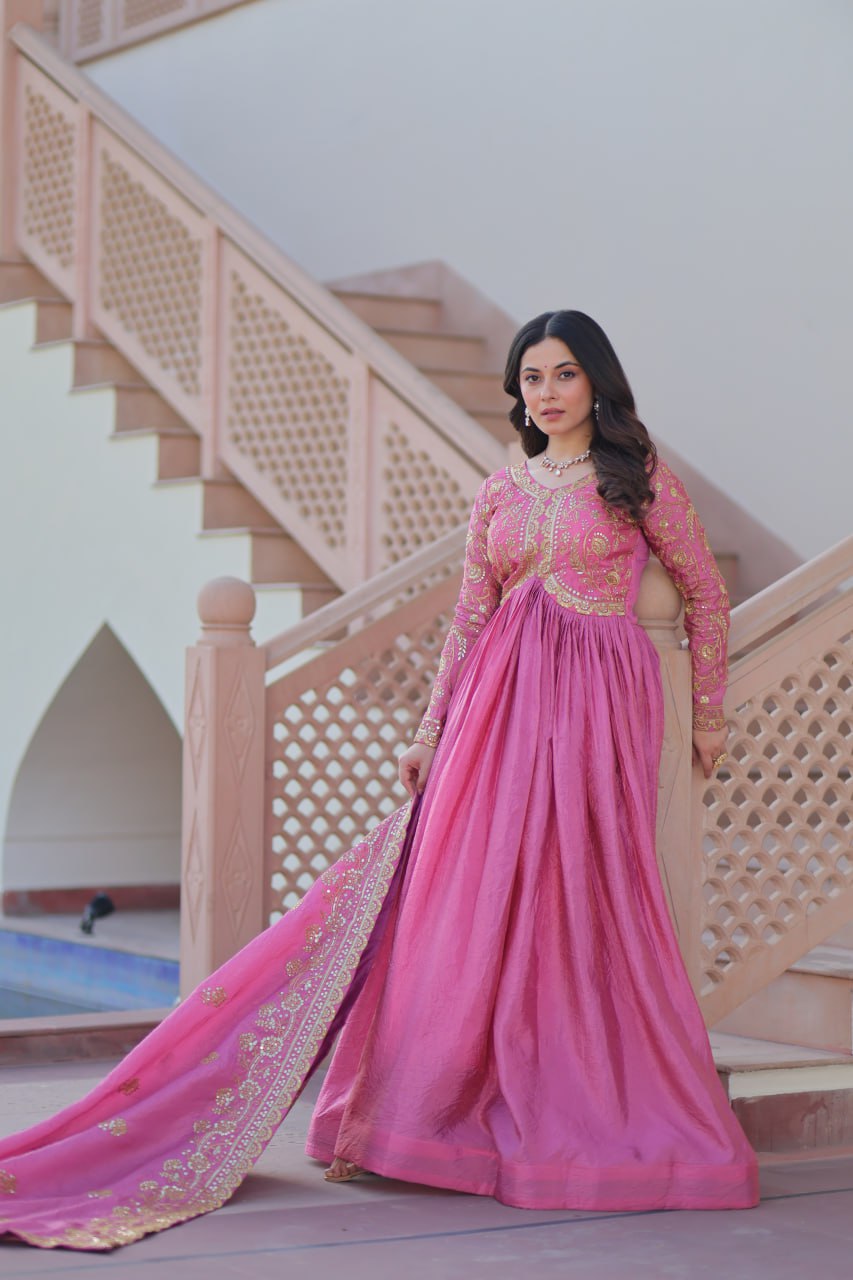 Fully-Stitched Gold-Crush Baby Pink Gown with Sequins & Multi Embroidery Work and Matching Dupatta