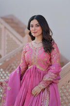 Fully-Stitched Gold-Crush Baby Pink Gown with Sequins & Multi Embroidery Work and Matching Dupatta