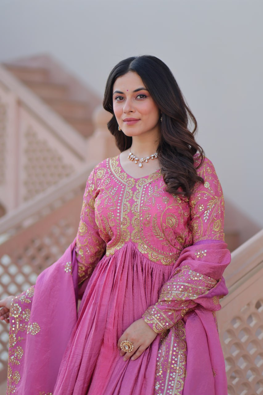 Fully-Stitched Gold-Crush Baby Pink Gown with Sequins & Multi Embroidery Work and Matching Dupatta