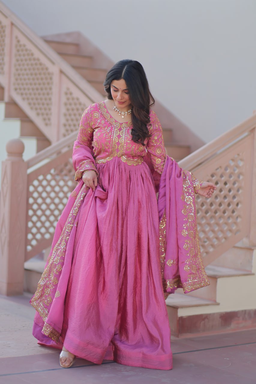 Fully-Stitched Gold-Crush Baby Pink Gown with Sequins & Multi Embroidery Work and Matching Dupatta