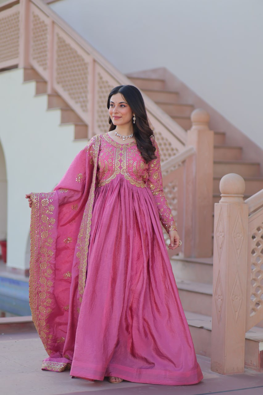 Fully-Stitched Gold-Crush Baby Pink Gown with Sequins & Multi Embroidery Work and Matching Dupatta