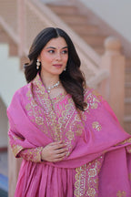 Fully-Stitched Gold-Crush Baby Pink Gown with Sequins & Multi Embroidery Work and Matching Dupatta