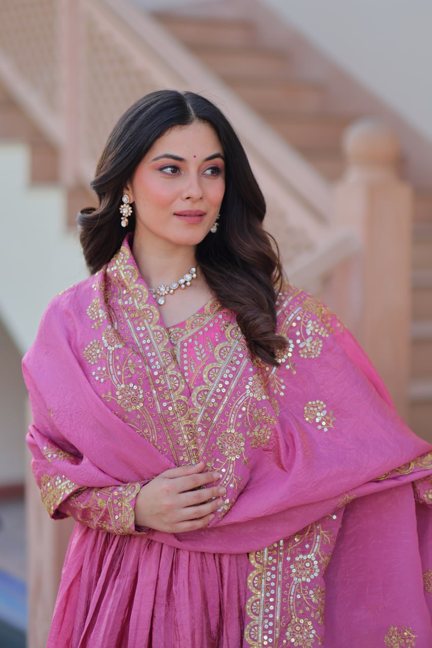Fully-Stitched Gold-Crush Baby Pink Gown with Sequins & Multi Embroidery Work and Matching Dupatta