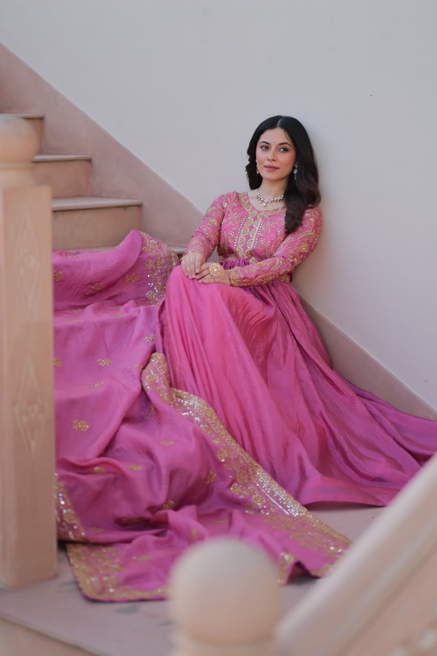 Fully-Stitched Gold-Crush Baby Pink Gown with Sequins & Multi Embroidery Work and Matching Dupatta