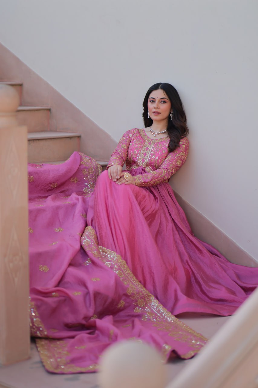 Fully-Stitched Gold-Crush Baby Pink Gown with Sequins & Multi Embroidery Work and Matching Dupatta
