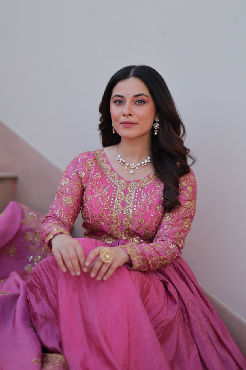 Fully-Stitched Gold-Crush Baby Pink Gown with Sequins & Multi Embroidery Work and Matching Dupatta