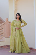 Fully-Stitched Gold-Crush Olive Green Gown with Sequins & Multi Embroidery Work and Matching Dupatta