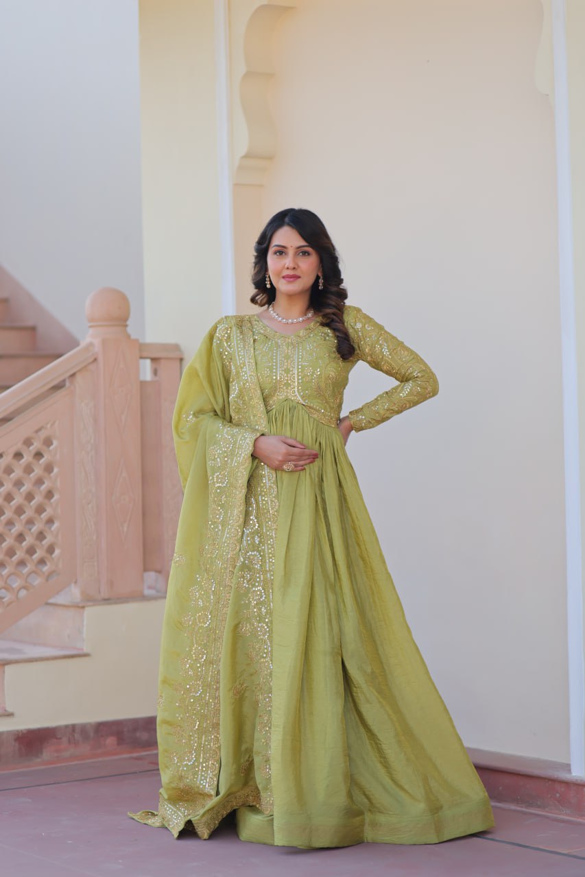 Fully-Stitched Gold-Crush Olive Green Gown with Sequins & Multi Embroidery Work and Matching Dupatta