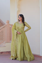 Fully-Stitched Gold-Crush Olive Green Gown with Sequins & Multi Embroidery Work and Matching Dupatta