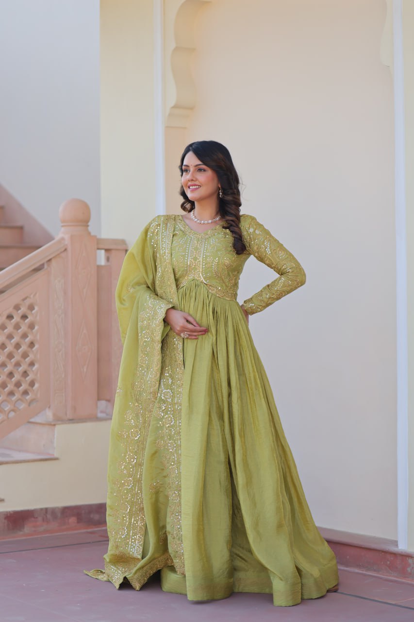 Fully-Stitched Gold-Crush Olive Green Gown with Sequins & Multi Embroidery Work and Matching Dupatta