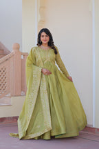 Fully-Stitched Gold-Crush Olive Green Gown with Sequins & Multi Embroidery Work and Matching Dupatta