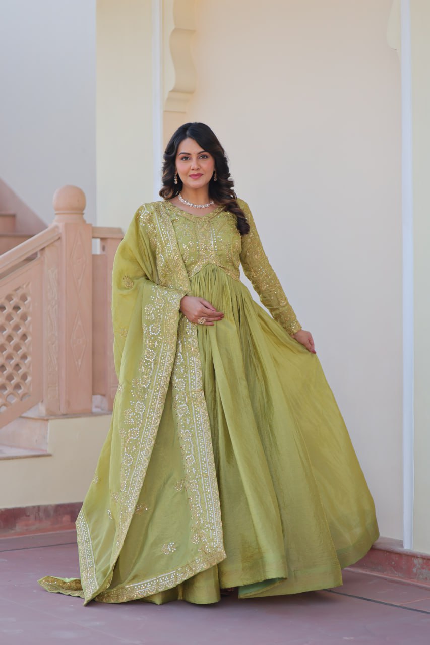 Fully-Stitched Gold-Crush Olive Green Gown with Sequins & Multi Embroidery Work and Matching Dupatta