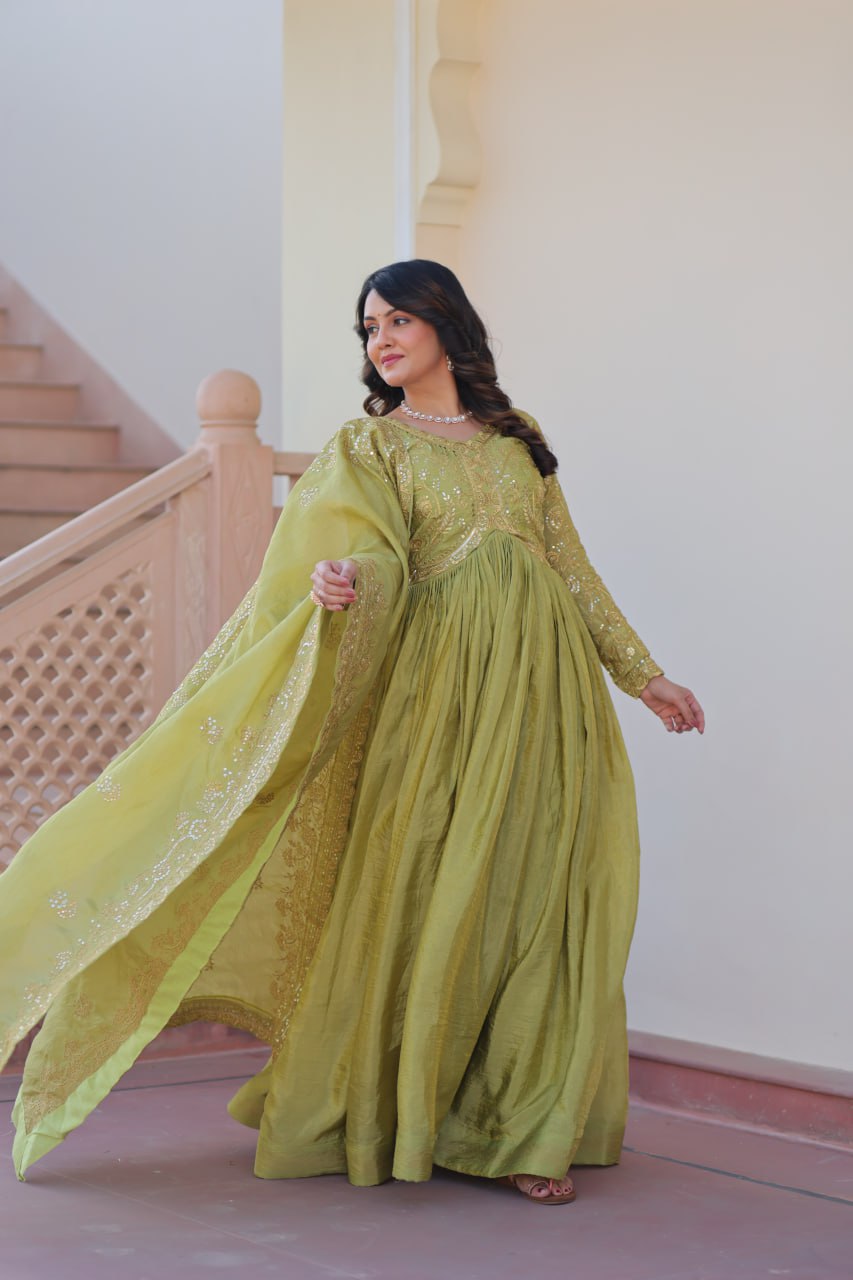 Fully-Stitched Gold-Crush Olive Green Gown with Sequins & Multi Embroidery Work and Matching Dupatta