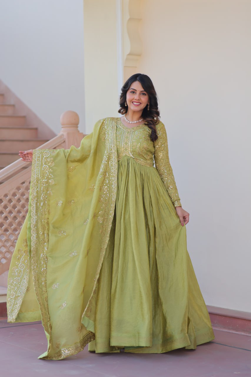Fully-Stitched Gold-Crush Olive Green Gown with Sequins & Multi Embroidery Work and Matching Dupatta