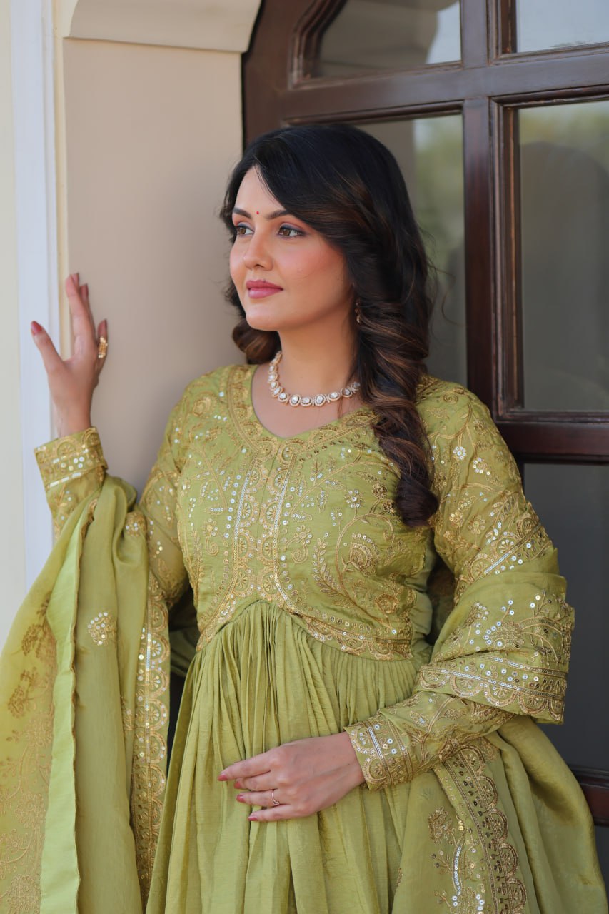 Fully-Stitched Gold-Crush Olive Green Gown with Sequins & Multi Embroidery Work and Matching Dupatta