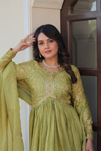 Fully-Stitched Gold-Crush Olive Green Gown with Sequins & Multi Embroidery Work and Matching Dupatta