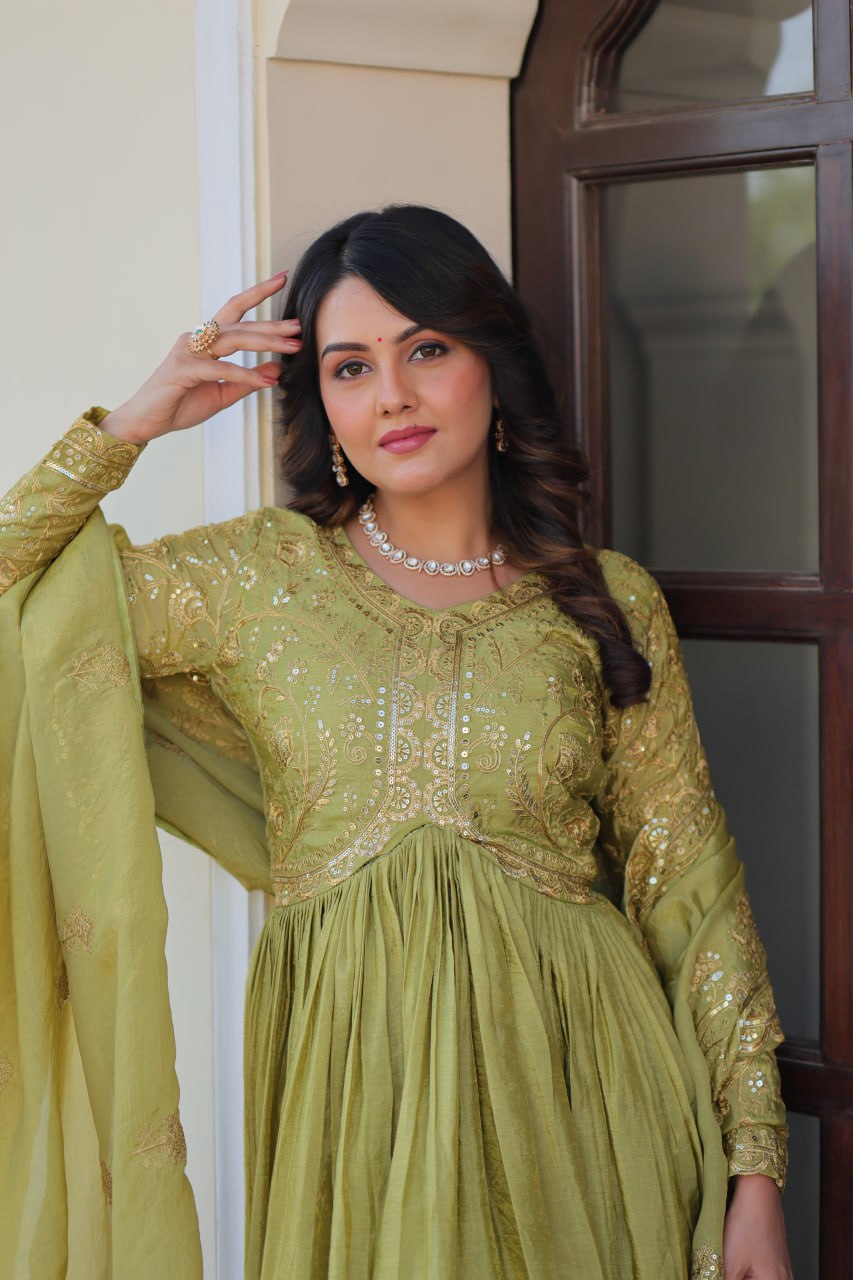 Fully-Stitched Gold-Crush Olive Green Gown with Sequins & Multi Embroidery Work and Matching Dupatta