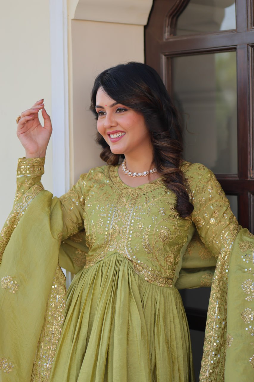 Fully-Stitched Gold-Crush Olive Green Gown with Sequins & Multi Embroidery Work and Matching Dupatta