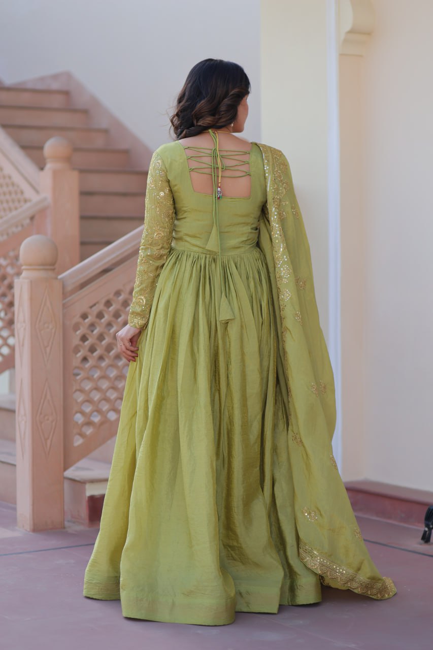 Fully-Stitched Gold-Crush Olive Green Gown with Sequins & Multi Embroidery Work and Matching Dupatta