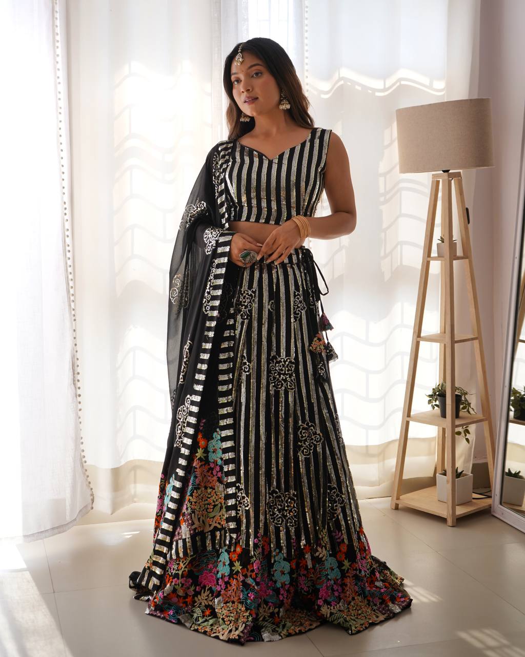 Black Semi-Stitched Women’s Faux Georgette Lehenga Choli – Elegant Embroidered Ethnic Wear for Weddings & Festive Occasions