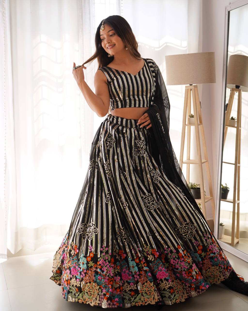 Black Semi-Stitched Women’s Faux Georgette Lehenga Choli – Elegant Embroidered Ethnic Wear for Weddings & Festive Occasions