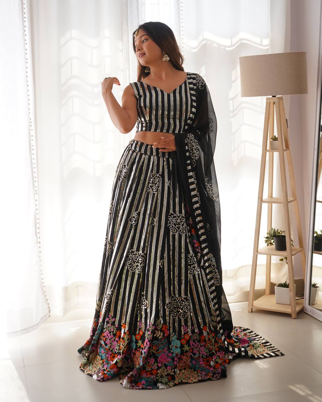Black Semi-Stitched Women’s Faux Georgette Lehenga Choli – Elegant Embroidered Ethnic Wear for Weddings & Festive Occasions