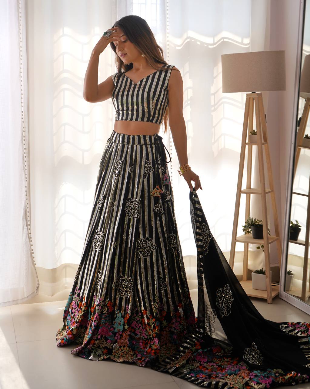 Black Semi-Stitched Women’s Faux Georgette Lehenga Choli – Elegant Embroidered Ethnic Wear for Weddings & Festive Occasions