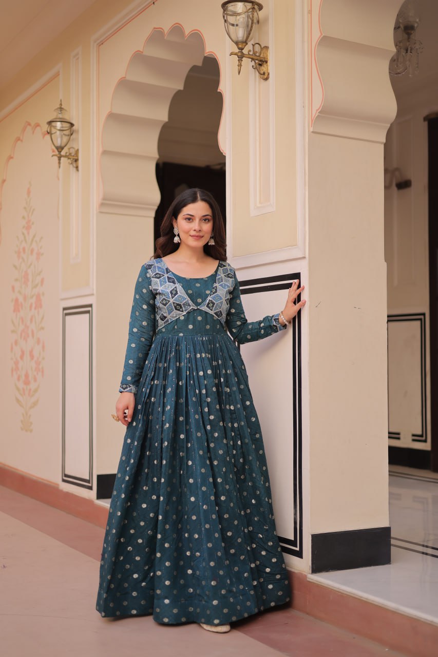 Position Print Teal Choli Gown with Staple Jacquard Weaving Work – Ethnic Partywear for Women