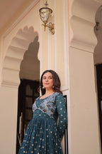 Position Print Teal Choli Gown with Staple Jacquard Weaving Work – Ethnic Partywear for Women