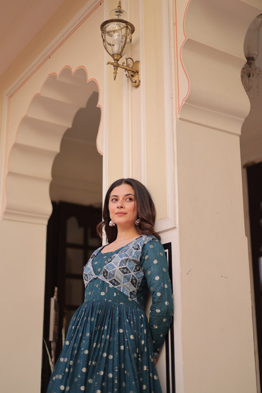Position Print Teal Choli Gown with Staple Jacquard Weaving Work – Ethnic Partywear for Women