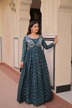 Position Print Teal Choli Gown with Staple Jacquard Weaving Work – Ethnic Partywear for Women