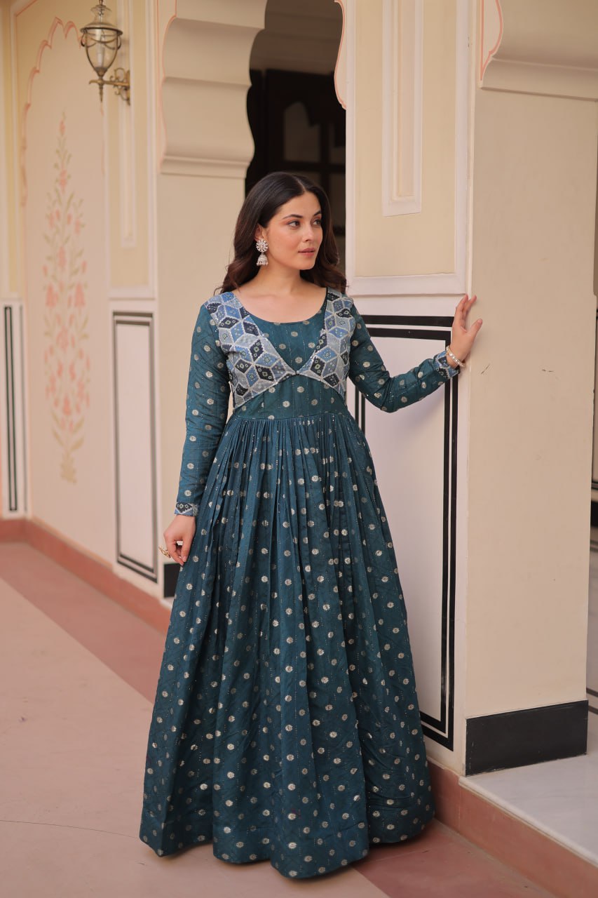 Position Print Teal Choli Gown with Staple Jacquard Weaving Work – Ethnic Partywear for Women